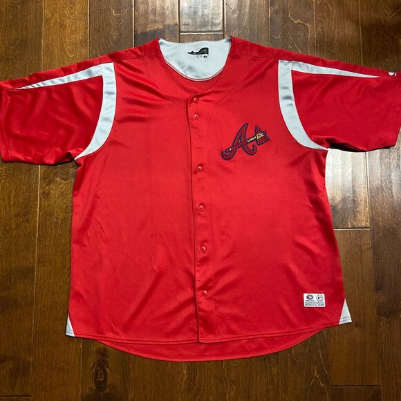 True Fan MLB Atlanta Braves Baseball Red Gray Button Down Jersey Men's Size 2XL - Picture 4 of 9